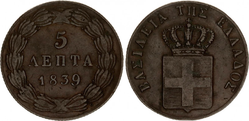 Greece 5 Lepta 1839 A
KM# 16; N# 5498; Copper; Otto; VF.