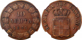 Greece 10 Lepta 1843 NGC AU 53 BN
KM# 17; N# 3091; Copper; Othon; Mint: Athens; AUNC.