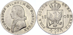 German States Prussia 4 Groschen 1808 G
KM# 370; AKS# 23; Olding# 121; N# 15622; Silver; Friedrich Wilhelm III; Mint: Glatz; XF+ rare grade.