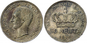 Greece 50 Lepta 1874 A
KM# 37; N# 3949; Silver; George I; UNC, nice toning.