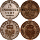 German States Prussia 2 x 3 Pfennig 1867 A & B
KM# 480, N# 4228; Wilhelm I; XF.