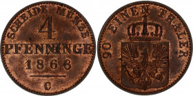 German States Prussia 4 Pfennig 1868 C
KM# 483, N# 15897; Wilhelm I; UNC with full mint luster.