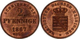 German States Saxe-Meiningen 2 Pfennig 1867 
KM# 174, N# 22471; Georg II; UNC with red mint luster.