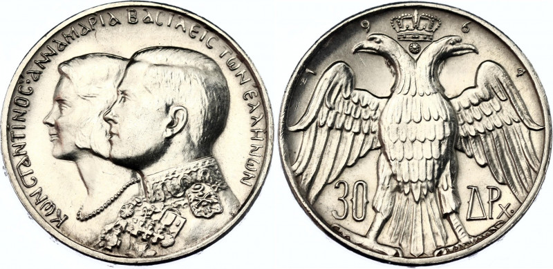 Greece 30 Drachmai 1964 
KM# 87, N# 7222; Silver; Constantine II; Royal Marriag...