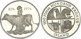 Iceland 500 Kronur 1974
KM# 20; Schön# 23; N# 20951; Silver; 1100th Anniversary of the First Settlement in the Island; Mint: Llantrisant; Proof.