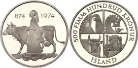 Iceland 500 Kronur 1974 
KM# 20; Schön# 23; N# 20951; Silver; 1100th Anniversary of the First Settlement in the Island; Mint: Llantrisant; Proof.
