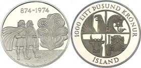 Iceland 1000 Kronur 1974
KM# 21; Schön# 24; N# 14573; Silver; 1100th Anniversary of the First Settlement in the Island; Mint: Llantrisant; Proof.
