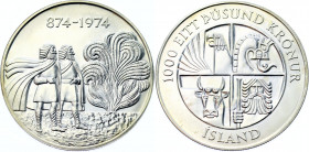 Iceland 1000 Kronur 1974
KM# 21; Schön# 24; N# 14573; Silver; 1100th Anniversary of the First Settlement in the Island; Mint: Llantrisant; Proof.