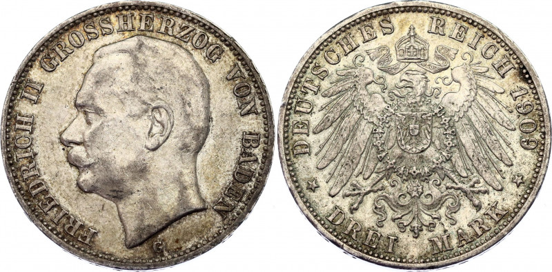 Germany - Empire Baden 3 Mark 1909 G
KM# 280; N# 6716; Silver; Friedrich II; XF...