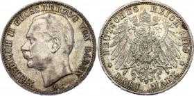 Germany - Empire Baden 3 Mark 1909 G
KM# 280; N# 6716; Silver; Friedrich II; XF.