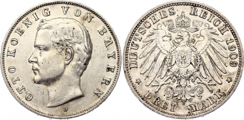 Germany - Empire Bavaria 3 Mark 1909 D
KM# 996; N# 7937; Silver; Otto; XF.