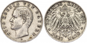 Germany - Empire Bavaria 3 Mark 1910 D
KM# 996; N# 7937; Silver; Otto; XF.