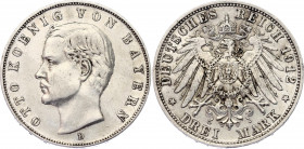 Germany - Empire Bavaria 3 Mark 1912 D
KM# 996; N# 7937; Silver; Otto; XF.