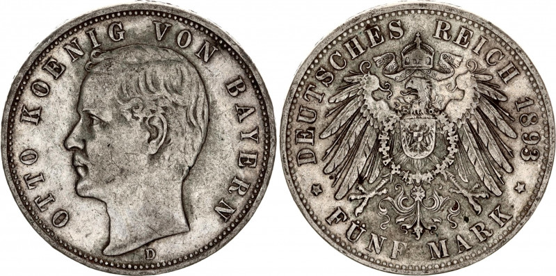 Germany - Empire Bavaria 5 Mark 1893 D
KM# 915; J. 46; N# 10914; Silver; Otto; ...