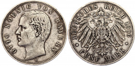 Germany - Empire Bavaria 5 Mark 1906 D
KM# 915; N# 10914; Silver; Otto; XF.