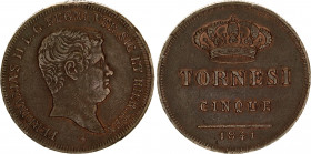 Italian States Kingdom of the Two Sicilies 5 Tornesi 1841
KM# 305; MIR# 522; C# 147; N# 96416; Copper; Ferdinand II; XF-.