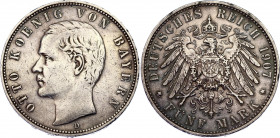 Germany - Empire Bavaria 5 Mark 1907 D
KM# 915; N# 10914; Silver; Otto; XF.