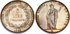 Italian States Lombardy-Venetia 5 Lire 1848 M
C# 22.1; N# 18063; Silver; Provisional Government; Mint: Milan; VF-XF Toned.