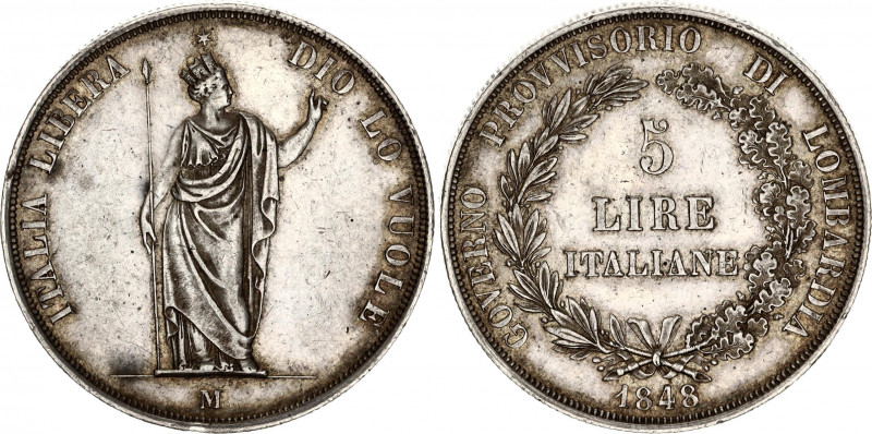 Italian States Lombardy-Venetia 5 Lire 1848 M
C# 22.2; N# 18063; Silver; Provis...