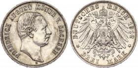Germany - Empire Saxony 3 Mark 1912 E
KM# 1267; N# 18482; Silver; Friedrich August III; XF.