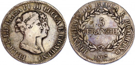 Italian States Lucca 5 Franchi 1807
KM# 24.3; N# 17810; Silver; Felix & Elisa; VF-.