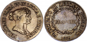 Italian States Lucca 5 Franchi 1808 
KM# 24.3; N# 17810; Silver; Felix and Elisa; XF-.