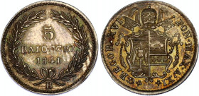 Italian States Papal States 5 Baiocchi 1841 B Overstrike
KM# 1321; N# 53491; Silver; Gregory XVI; AUNC/UNC with minor hairlines & nice toning.