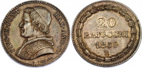 Italian States Papal States 20 Baiocchi 1850 R
KM# 1337; N# 38351; Silver; Pius IX; AUNC, nice toning.