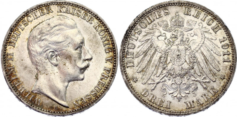 Germany - Empire Prussia 3 Mark 1911 A
KM# 527; N# 3643; Silver; Wilhelm II; AU...