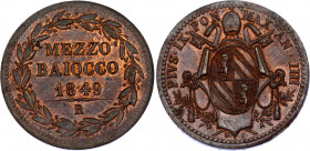 Italian States Papal States 1/2 Baiocco 1849 (IIII) R
KM# 1340; N# 8592; Pius IX; UNC, lustors.