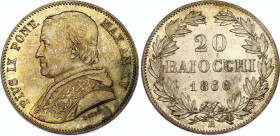 Italian States Papal States 20 Baiocchi 1860 R Overdate
KM# 1360; N# 3585; Silver; Pius IX; UNC, nice toning.