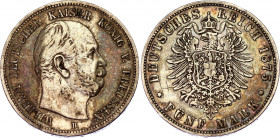 Germany - Empire Prussia 5 Mark 1875 B
KM# 503, N# 19823; Silver; William I; VF+, with Scratches.