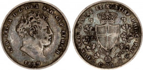 Italian States Sardinia 25 Centesimi 1829 L
KM# 128.1; C# 101; N# 34560; Silver; Charles Felix; Mint: Torino; VF-XF Toned.