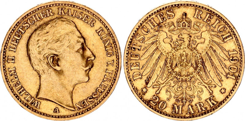 Germany - Empire Prussia 20 Mark 1901 A
KM# 521, N# 21444; Gold., 7.93 g.; Will...