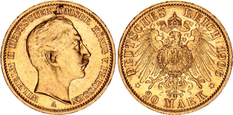 Germany - Empire Prussia 20 Mark 1906 A
KM# 521, N# 21444; Gold., 7.96 g.; Will...