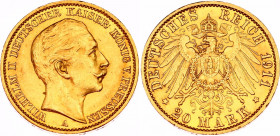 Germany - Empire Prussia 20 Mark 1911 A
KM# 521, N# 21444; Gold (.900) 7.96 g., 22.5 mm.; Wilhelm II; AUNC with minor hairlines.