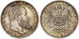 Germany - Empire Wurttemberg 2 Mark 1906 F
KM# 631; N# 8567; Silver., Prooflike; Wilhelm II; XF.