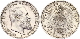 Germany - Empire Wurttemberg 3 Mark 1908 F
KM# 635; N# 10840; Silver; Wilhelm II; UNC with minor hairlines.