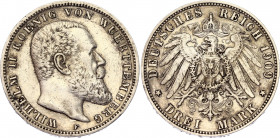 Germany - Empire Wurttemberg 3 Mark 1909 F
KM# 635; N# 10840; Silver; Wilhelm II; XF.