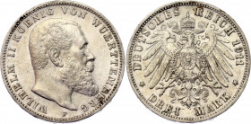 Germany - Empire Wurttemberg 3 Mark 1911 F
KM# 635; N# 10840; Silver; Wilhelm II; XF+.
