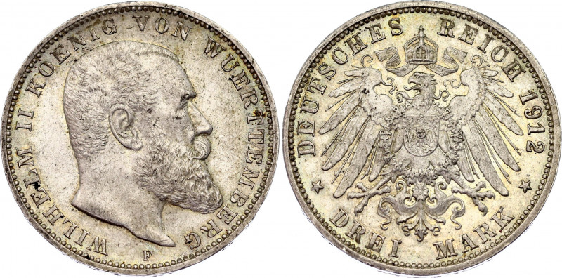 Germany - Empire Wurttemberg 3 Mark 1912 F
KM# 635; N# 10840; Silver; Wilhelm I...