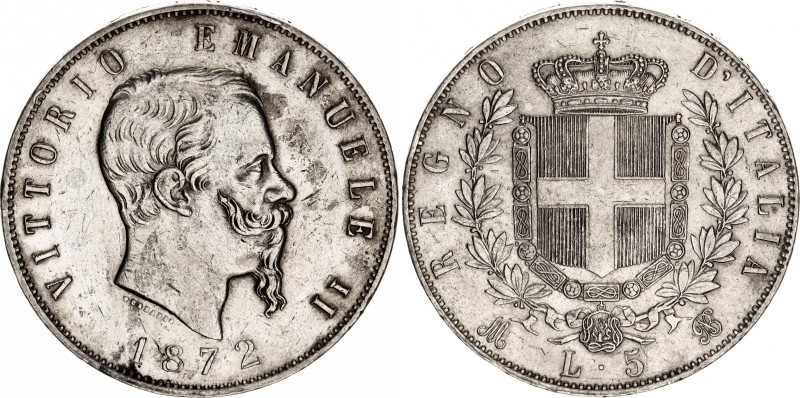 Italy 5 Lire 1872 M BN
KM# 8.3, N# 2290; Silver; Victor Emmanuel II; XF+.