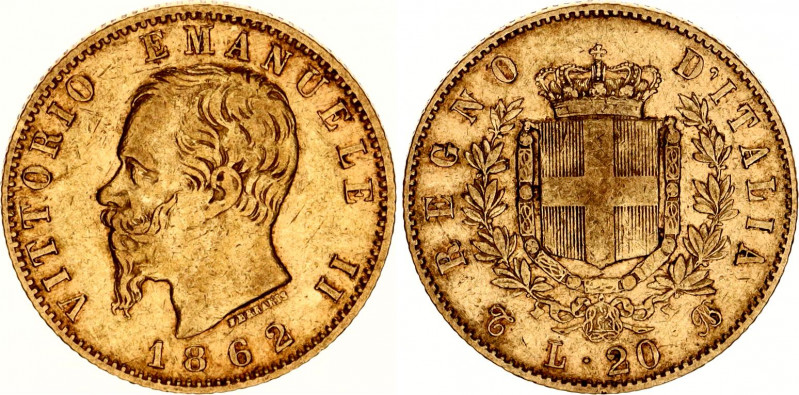 Italy 20 Lire 1862 TBN
KM# 10.1; N# 17714; Gold (.900) 6.45 g.; Vittorio Emanue...