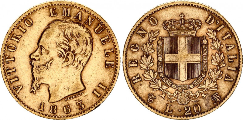 Italy 20 Lire 1863 TBN
KM# 10.1; N# 17714; Gold (.900) 6.45 g.; Vittorio Emanue...