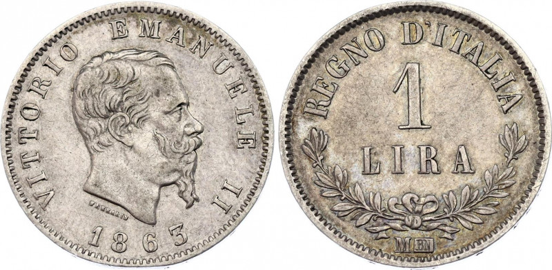 Italy 1 Lira 1863 M BN
KM# 15, N# 20113; Silver; Vittorio Emanuele II; XF.