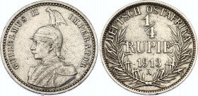 German East Africa 1/4 Rupie 1913 J
KM# 8, N# 16500; Silver; Wilhelm II; XF.
