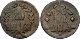 German East Africa 20 Heller 1916 T
KM# 15; N# 11912; Copper; Obvers B; Revers B; Wilhelm II; Tabora Emergency Company; XF.