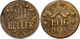 German East Africa 20 Heller 1916 T
KM# 15a; N# 37340; Brass; Obvers A; Revers B; Wilhelm II; Tabora Emergency Company; XF.