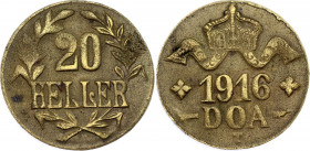 German East Africa 20 Heller 1916 T
KM# 15a; N# 37340; Brass; Obvers A; Revers C; Wilhelm II; Tabora Emergency Company; XF/AUNC.