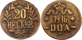 German East Africa 20 Heller 1916 T
KM# 15a; N# 37340; Brass; Obvers B; Revers C; Wilhelm II; Tabora Emergency Company; XF/AUNC.